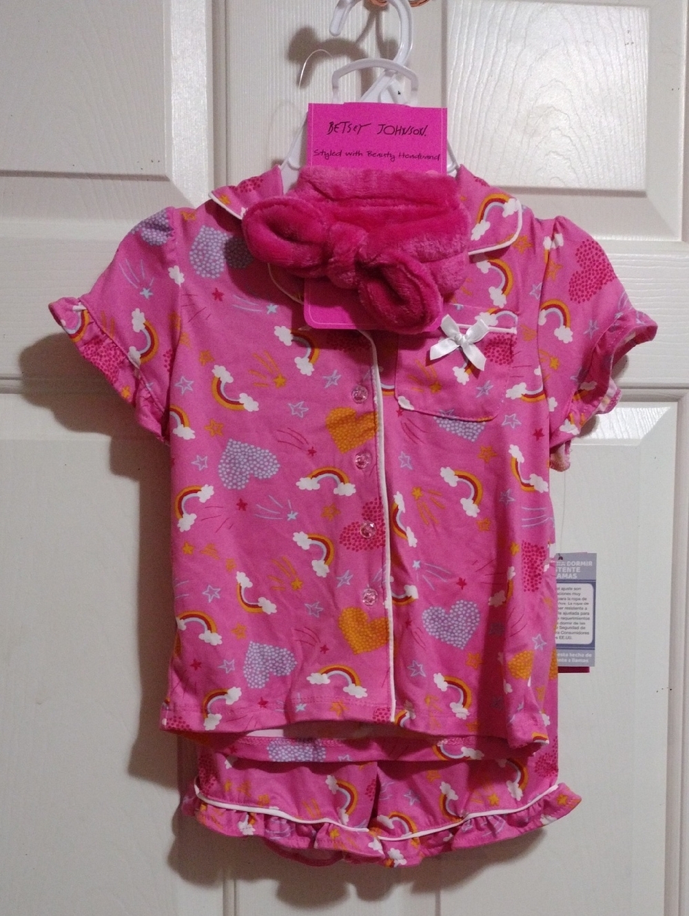 Betsey Johnson Pink Rainbow & Heart Pajama Set with Spa Headband Girl 4 🆕